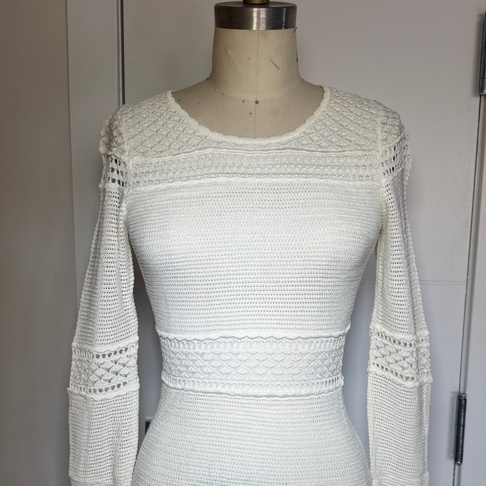 Torn by Ronny Kobo White Crochet Knit Dress Long Sleeve Boho Bodycon